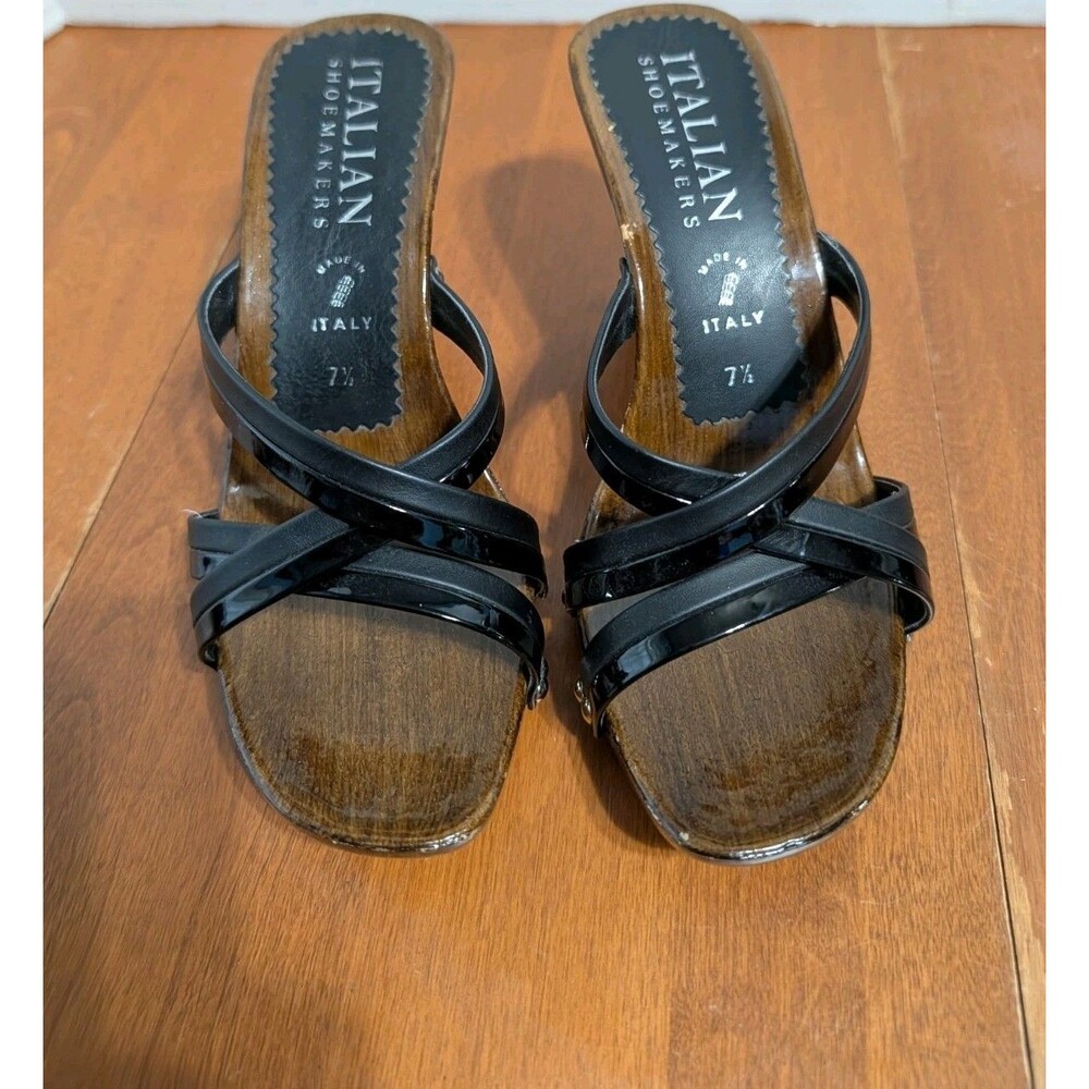 Italian Black Wooden Platform Sandals Women’s 7-7.5 Made in Italy Strappy Shoes